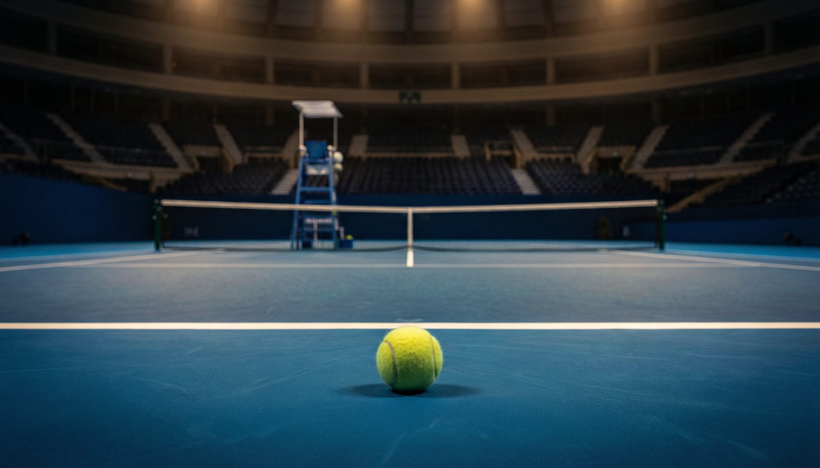 AI生成示意图：室内硬地球场与球网，背景为模糊的看台